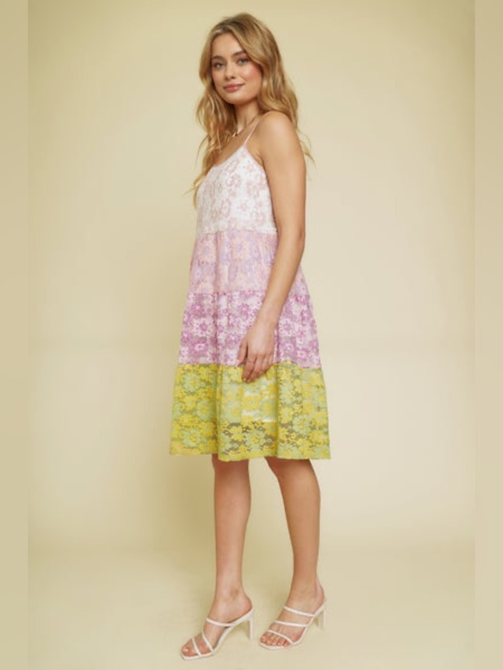 NEW Mystree Gabriella Color Block Multicolor Floral Lace Tiered Midi Dress L - Picture 10 of 12